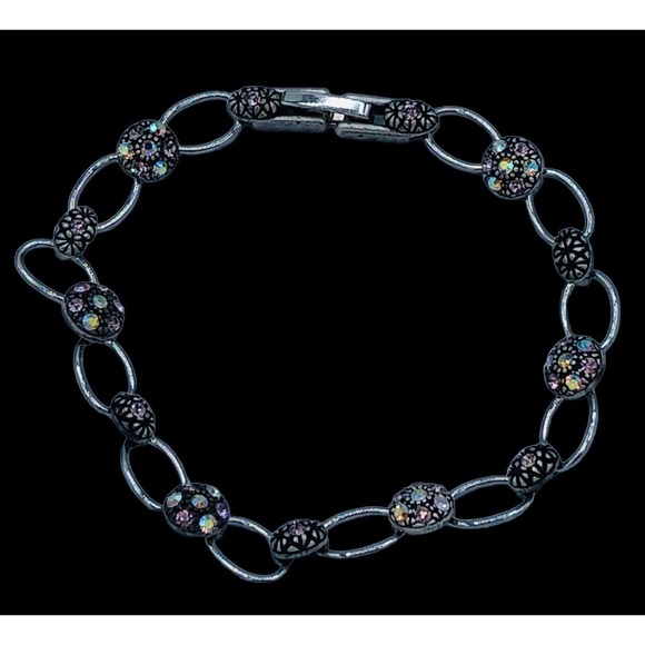 Pink Aurora Borealis Rhinestone Dark Tone Fashion Tennis Bracelet - Picture 7 of 7